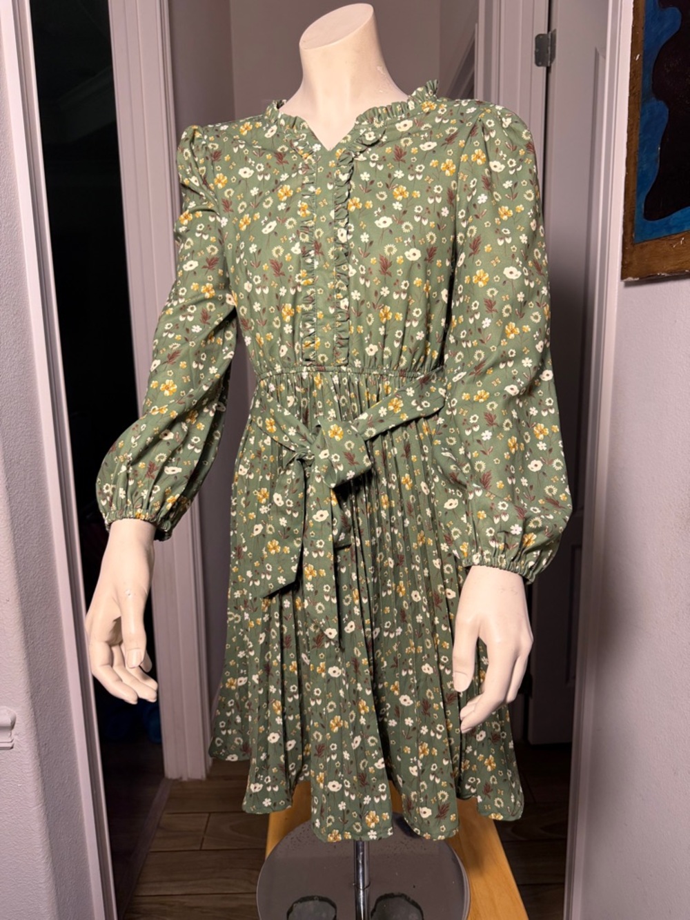 Grace Karin Olive Green Floral Ruffle Tie-Waist Dress